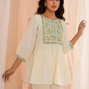 Elegant Off-White Embroidered Peplum Kurti Set for Women – 3/4 Sleeve Ethnic Wear