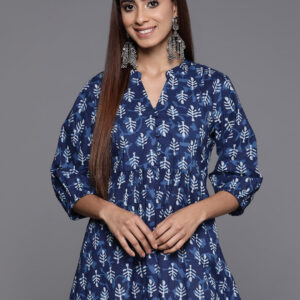 Navy Blue Floral Printed Peplum Kurti Top for Women – Stylish 3/4 Sleeve Ethnic Wear