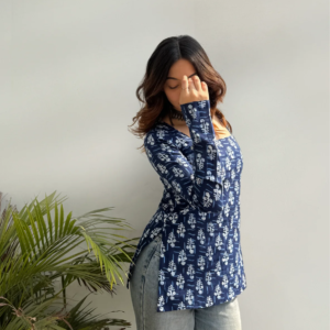 Stylish Navy Blue Printed Cotton Kurti Top for Women – Casual & Daily Wear