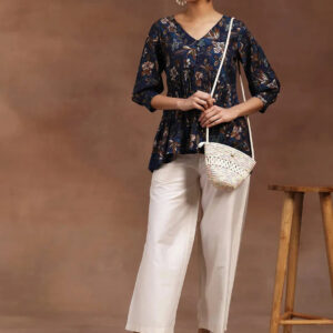 Women’s Navy Blue Floral Printed V-Neck Flared Kurti Top