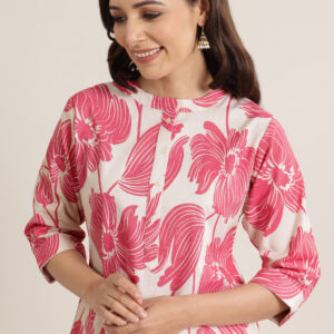 Women’s Pink Floral Print Cotton Kurti – Elegant A-Line Casual Top