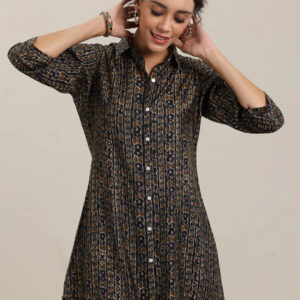 Women’s Elegant Brown & Navy Printed Button-Down Kurti Top