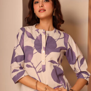 Women’s Beige & Lavender Floral Printed Straight Kurti Top