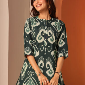 Women’s Dark Green Ikat Printed Straight Kurti Top