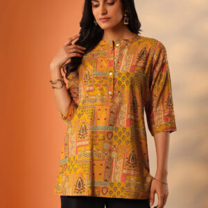 Mustard Yellow Ethnic Printed Kurti Top for Women – 3/4 Sleeve Stylish Casual Wear