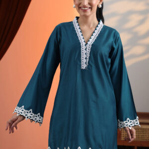 Women’s Teal Blue Kurti with White Lace Detailing – Elegant V-Neck Long Sleeve Tunic