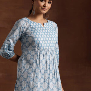 Women’s Sky Blue Printed Cotton Kurti Top – Elegant Gathered Waist Design