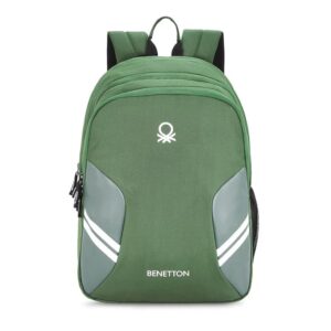 Benetton Green Casual Backpack | Stylish Multi-Compartment School & Travel Bag