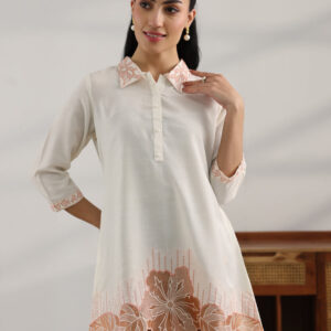 Elegant Cream Embroidered Straight Kurti for Women – 3/4 Sleeve Ethnic Wear