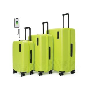 3-Piece Lime Green Hard Shell Trolley Luggage Set with 360° Spinner Wheels & USB Charging Port