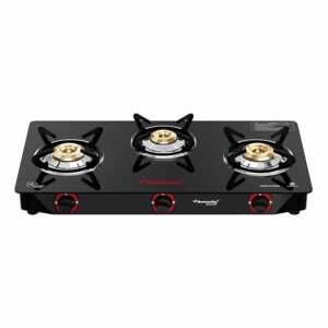 3 Burner Glass Top Gas Stove – Heavy Duty Manual Ignition LPG Cooktop with Brass Burners