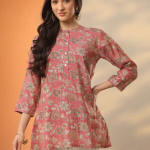 Rose Pink Floral Printed Straight Kurti Top for Women – Elegant 3/4 Sleeve Ethnic Wear
