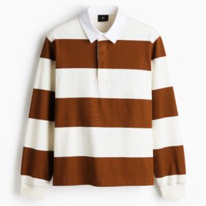 Men’s Premium Brown & White Striped Rugby Polo T-Shirt – Full Sleeve Regular Fit