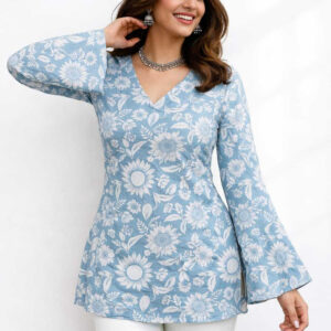 Elegant Sky Blue Floral Print V-Neck Top for Women with Bell Sleeves